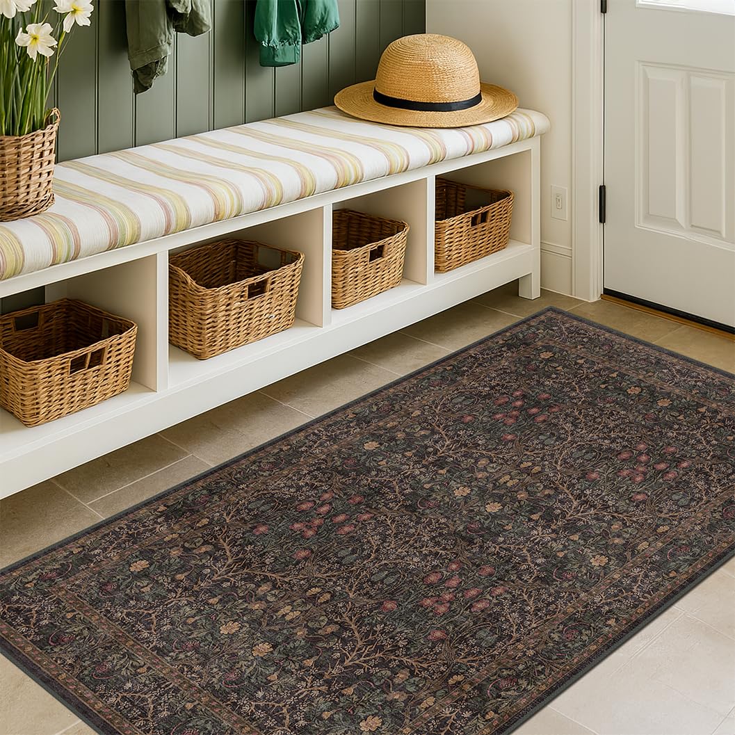 Washable Plum Purple Runner Rug 2x6 - Boho Rug Runner for Bathroom, Kitchen, Indoor Entryway, Low Pile Violet Carpet for Bedroom Bedside, Laundry Room, Hallway Mats for Floor, Stain Resistant