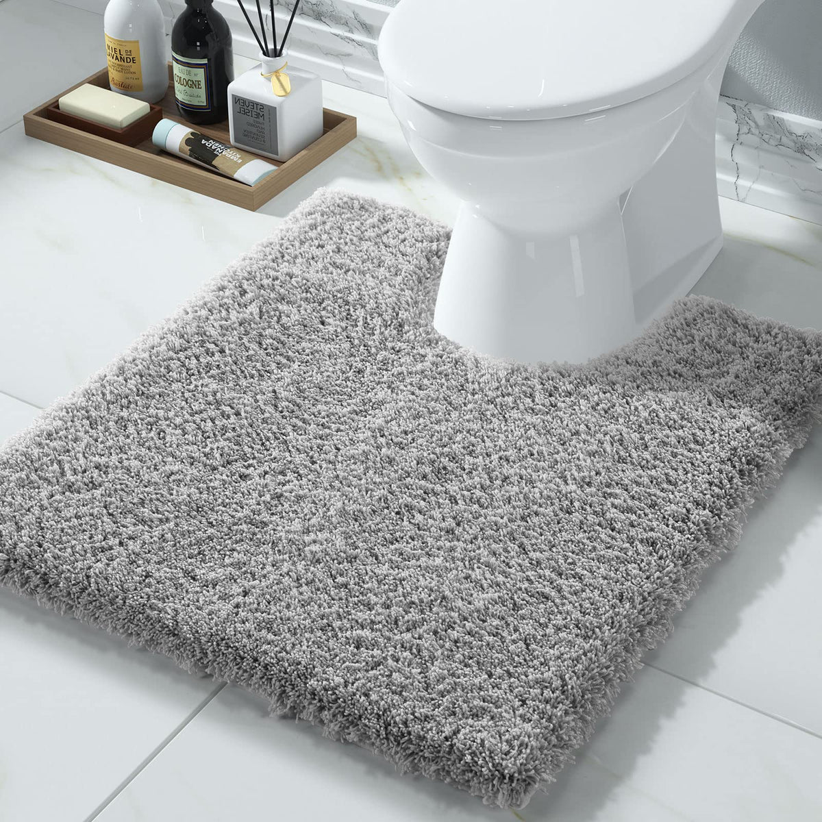 Yimobra Bathroom Rugs Non Slip Washable 32X20, Ultra Soft and Water Absorbent Bath Mats, Plush Fluffy Shower Mat Outside, Microfiber Thick Matts for Bathroom Floor/Tub, Light Gray and White