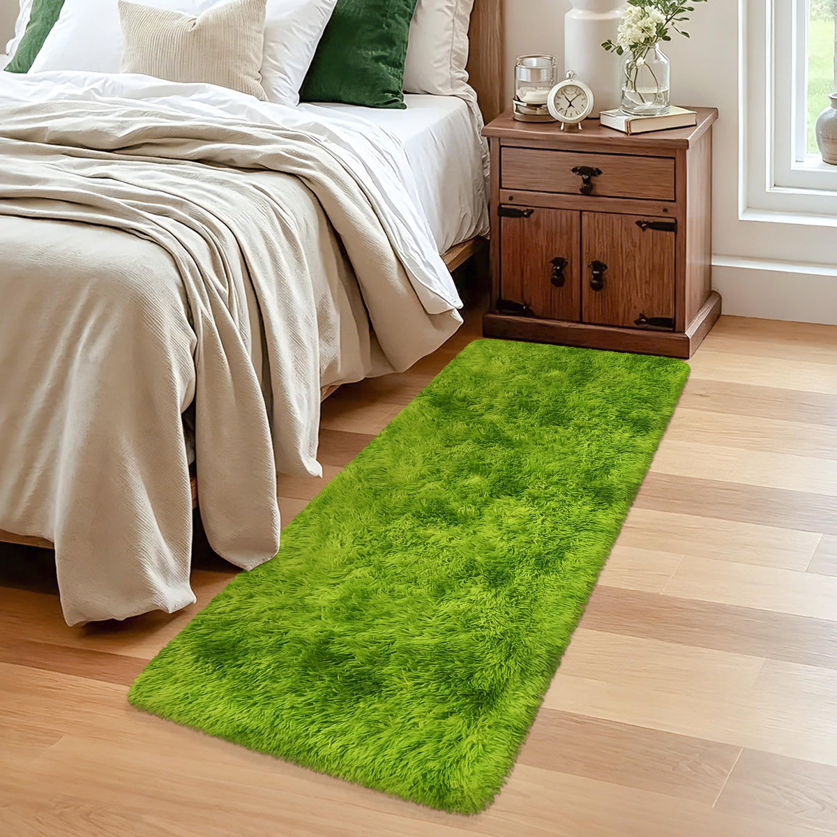 Soft Fluffy Beige Runner Rug for Bedroom, Bedside Long Rug Runner