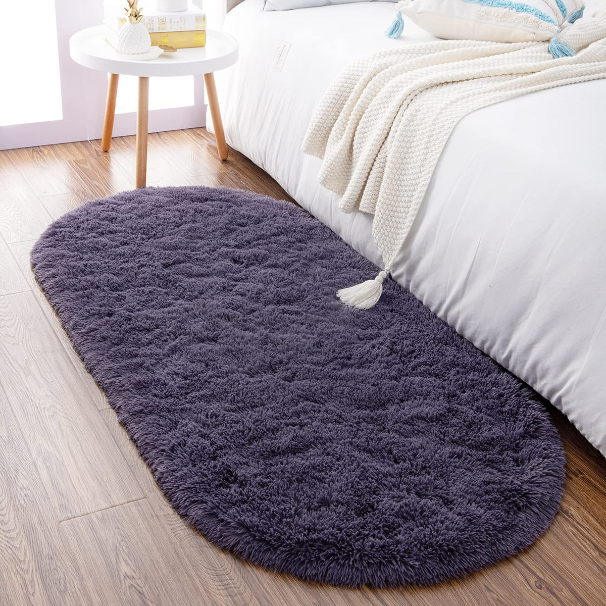 Noahas 2.6x5.3 Grey Fluffy Soft Oval Rug Non-Slip for Bedroom Dorm Hallway
