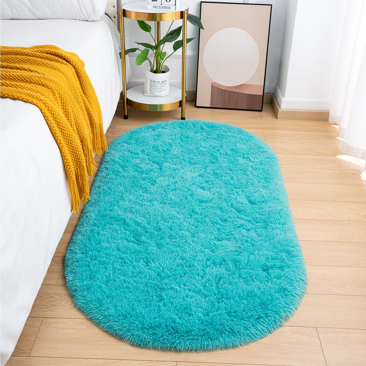 Goideal Fluffy Bedroom Rug, Small Oval Area Rugs, Cream Shag Bedside Carpet for Kids Room Nursery Dorm Cute Fuzzy Indoor Decor for Boy and Girl, 2.6 x 5.3 Feet