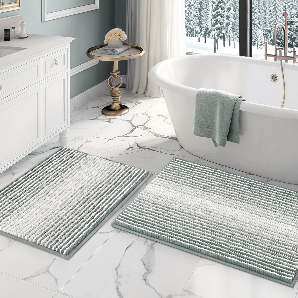 BSICPRO Bathroom Rugs Sets 2 Piece, Non Slip Striped Bath Mats, Sage