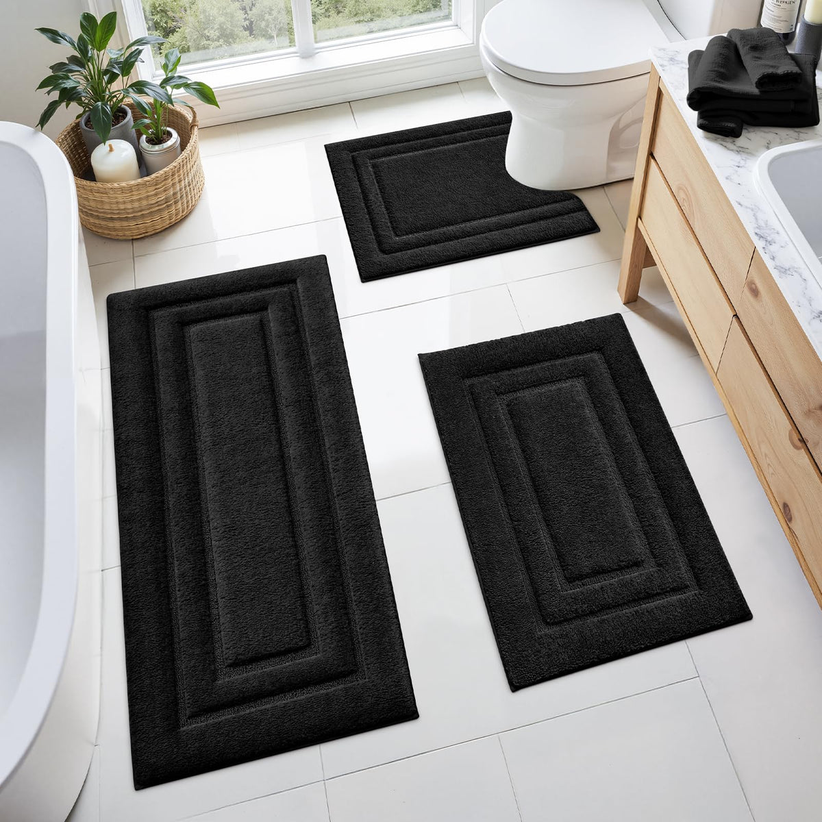 HOMEIDEAS Black Bathroom Rugs Set of 3, Non Slip Bath Mats