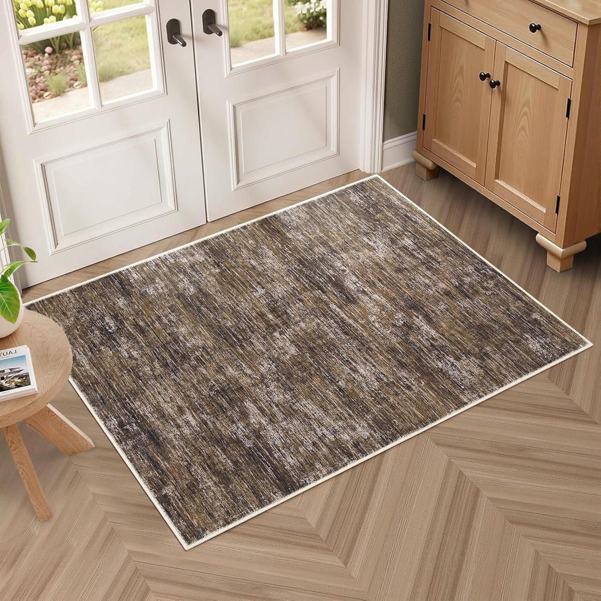 RUGSREAL Small Area Rug 2x3 Entryway Mat with Rubber Backing Stain Resistant Throw Carpet Modern Solid Color Bath Mat Contempowary Washable Rug for Living Room Bedroom Dining Room Kitchen, Beige 2x3
