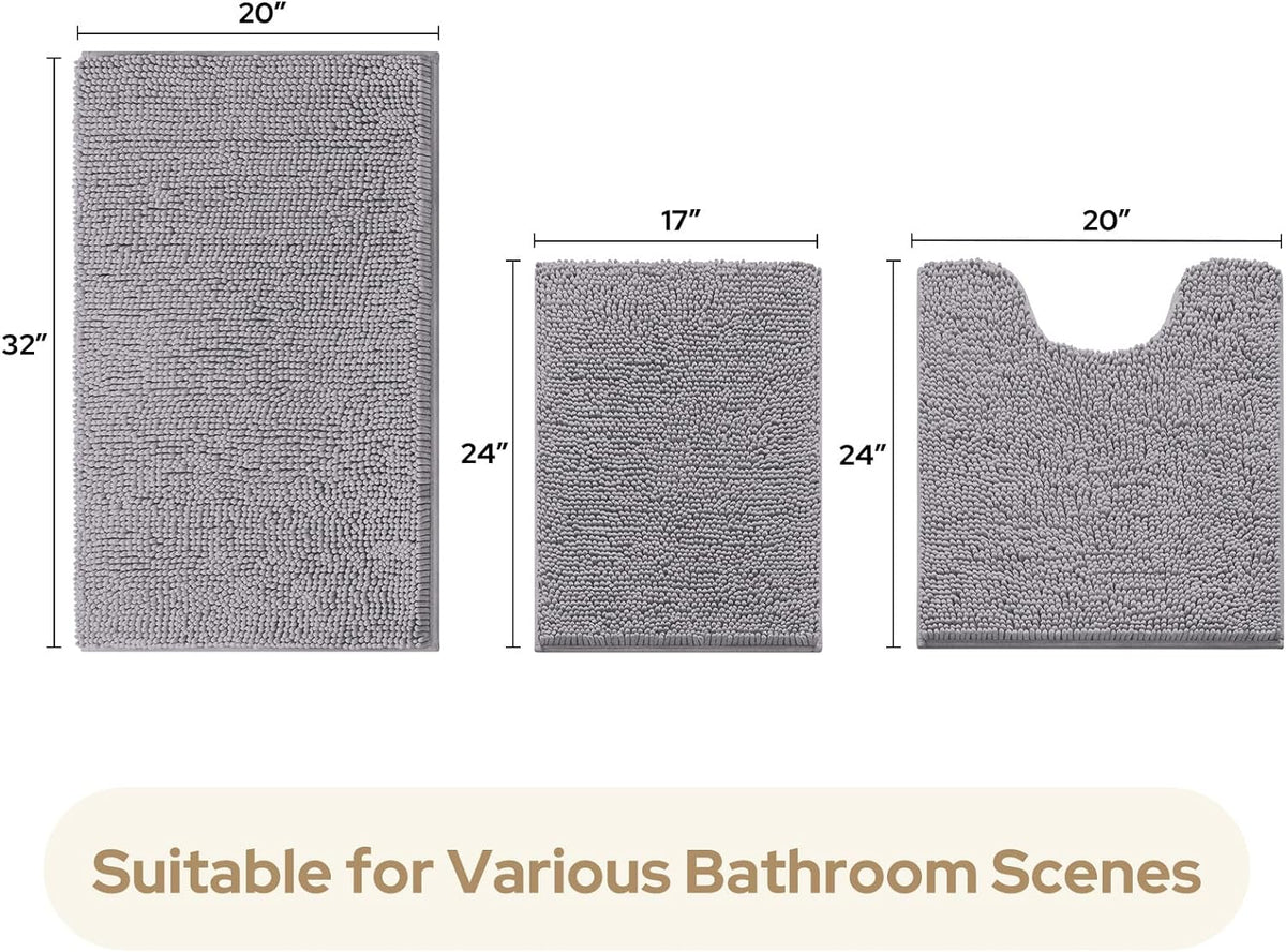 HOMEIDEAS Grey Chenille Bathroom Rugs Set of 3, Non Slip Bath Mat