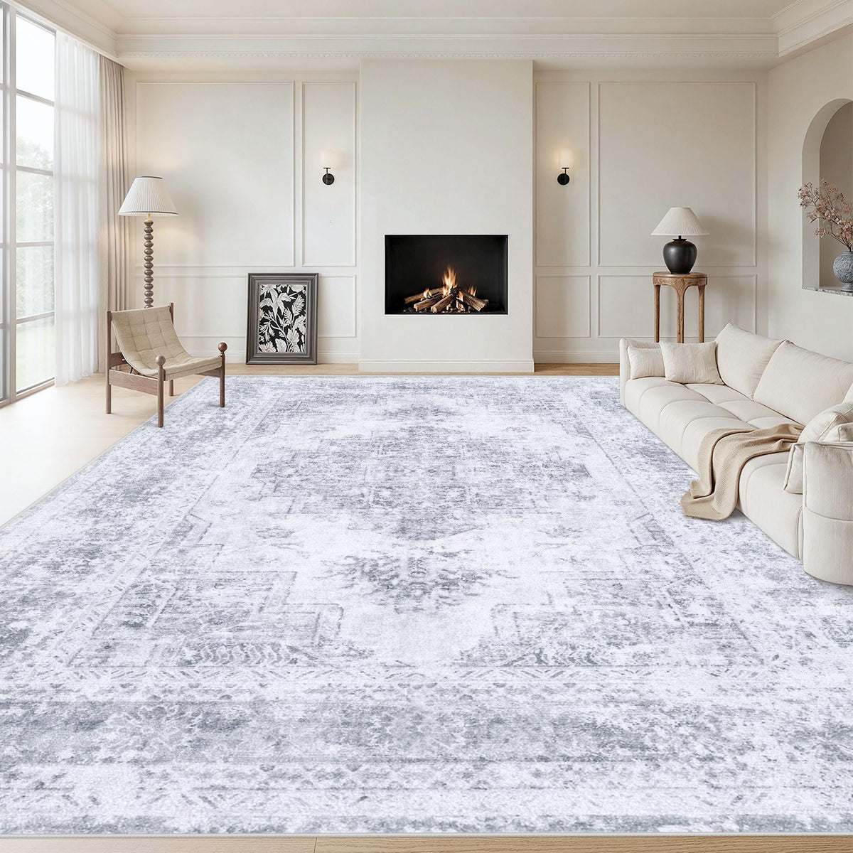 XLUEZ Area Rug 8x10 Living Room Rug, Machine Washable Vintage Distressed Medallion Rug Non-Slip Soft Low Pile Large Indoor Rugs for Bedroom Dining Room Office Children's Room (Beige,8'x10')