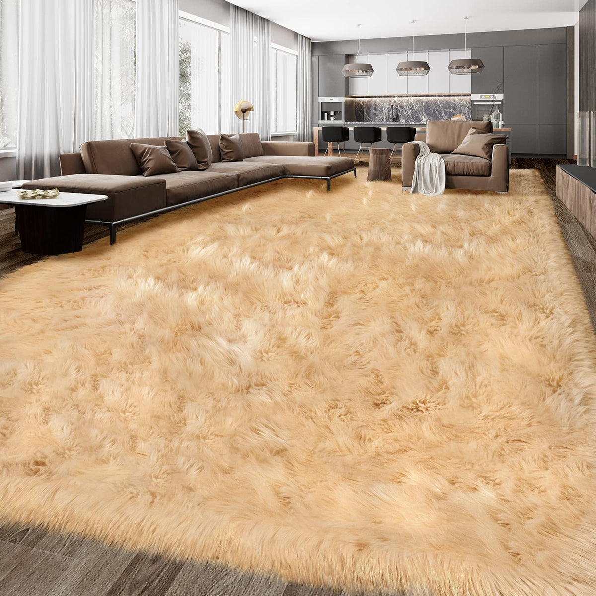 Tangsoo 2x6 Beige Faux Fur Rug,Soft Sheepskin Fluffy Runner Rug for Bedroom