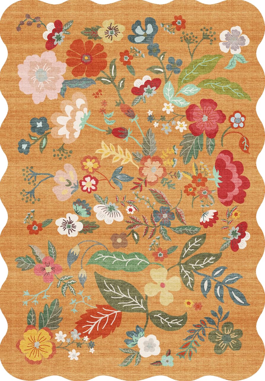 2x4 Rug Washable for Entryway - Non-Slip Scalloped Floral Throw Rug Black