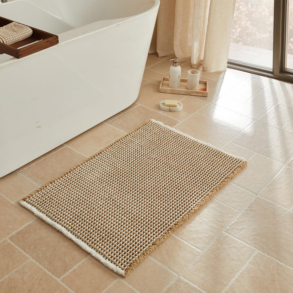 Triohero Waffle Bath Mat, Small Boho Bathroom Rugs Non Slip, 16x24 Khaki