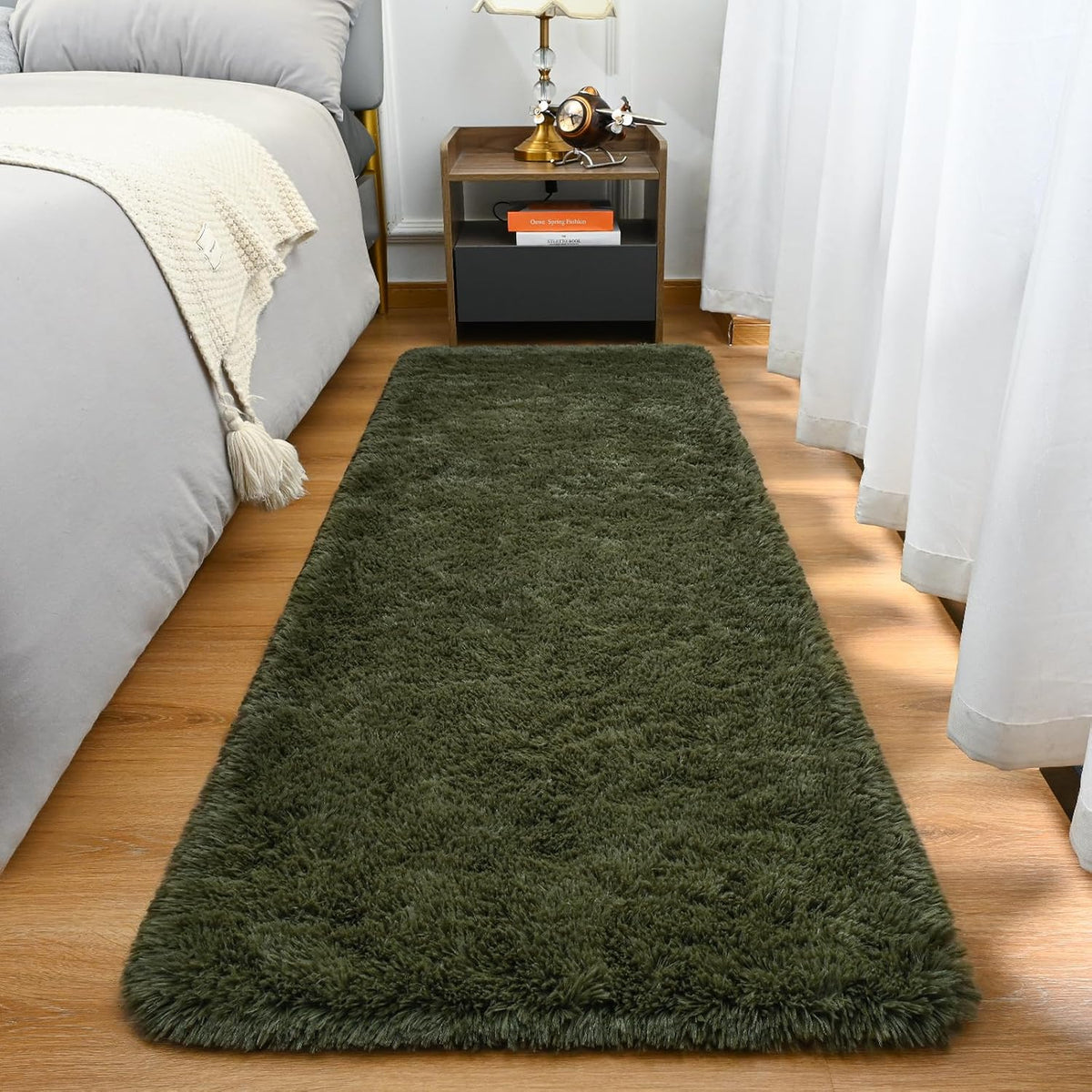 Goideal Fluffy Runner Rug for Bedroom Living Room, 2x6 Olive Green Bedside Rugs, Faux Fur Shag Modern Carpet Ultra Soft Girls Boys Room Home Decor, Solid