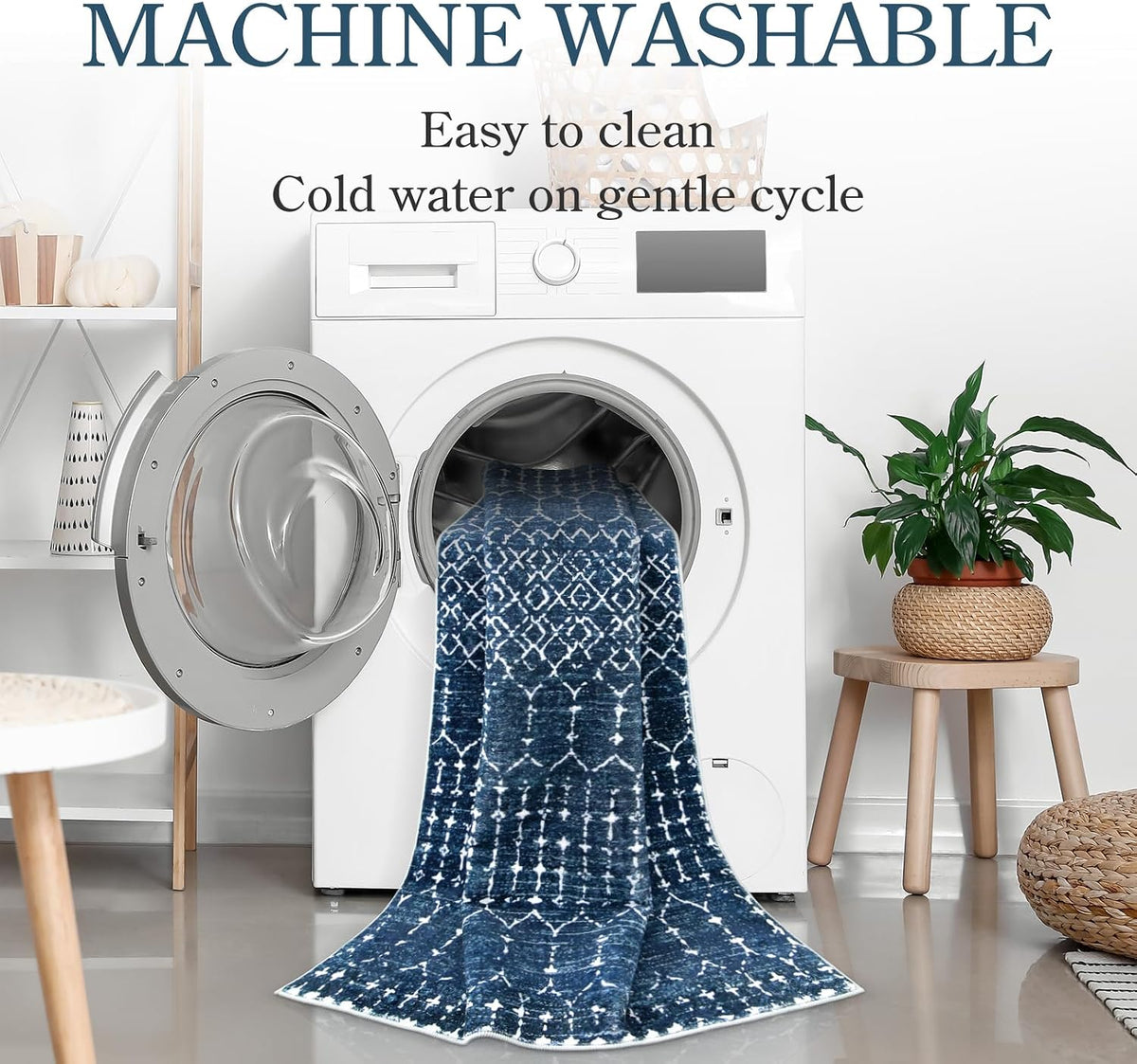 Lahome Moroccan Indoor Rugs for Entryway 2x3 Area Rug Non-Slip Backing Washable Inside Door Mats Low-Profile Throw Soft Rugs for Bathroom, Geometric Print Distressed Blue Rug for Kitchen Bedside Hana