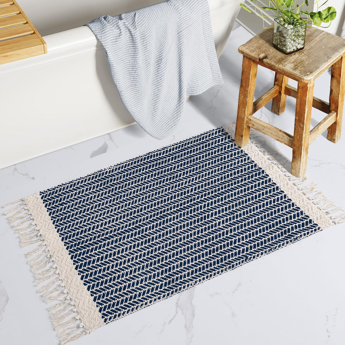 Lahome Belle Boho Bathroom Rugs, Small 2x3 Front Door Mat Lightweight Kitchen Rug Woven Cotton Area Rug with Tassels, Farmhouse Washable Black and White Throw Rug Low Pile Carpet for Entry Laundry