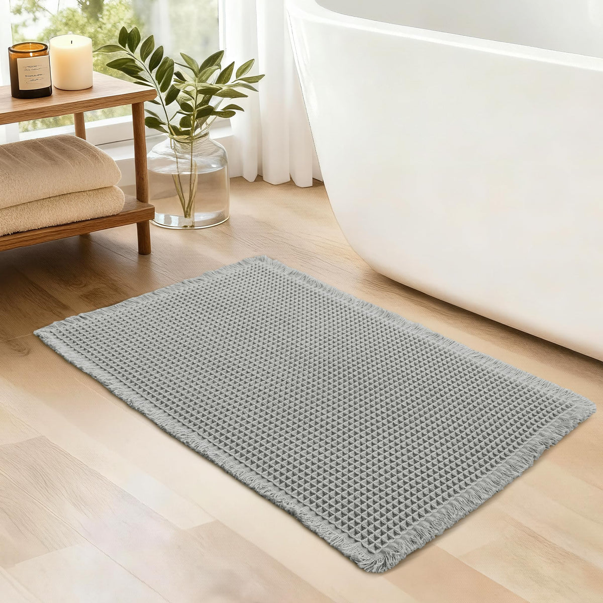 JIUZHEN Set of 2 Waffle Bath Mats Boho Bath Rugs 16"x24"+20"x32", Brown