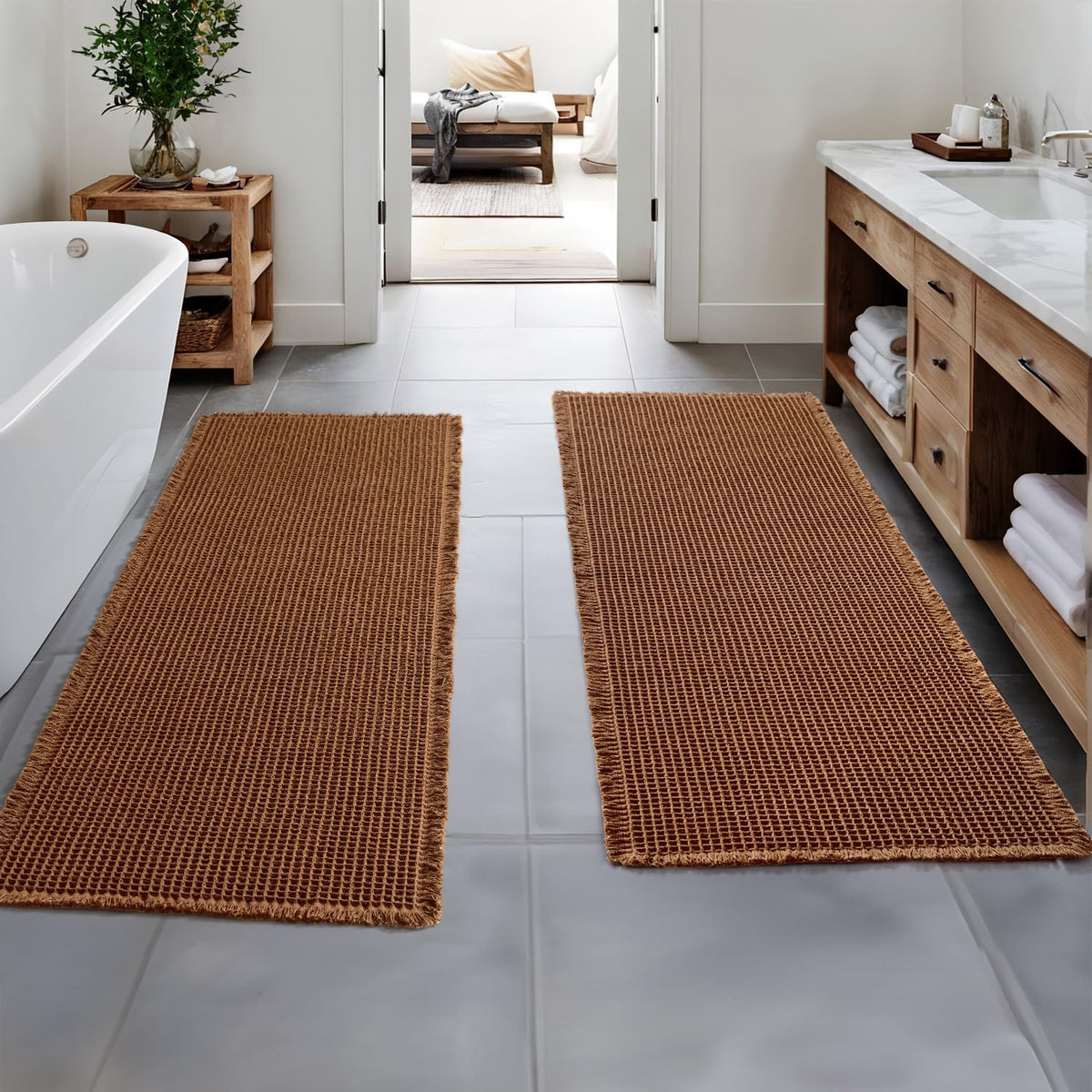 MIULEE Set of 2 Waffle Bathroom Rugs Boho Bath Mat Brown 18x30 Inch