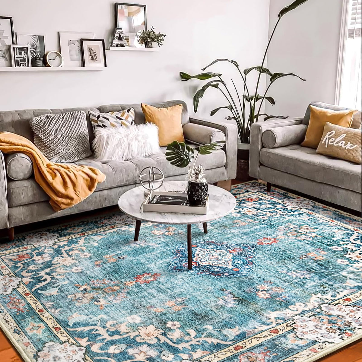 MUJOO Pink Rug 3x5 Washable,Boho Area Rugs Small Non Slip Low-Pile Floral