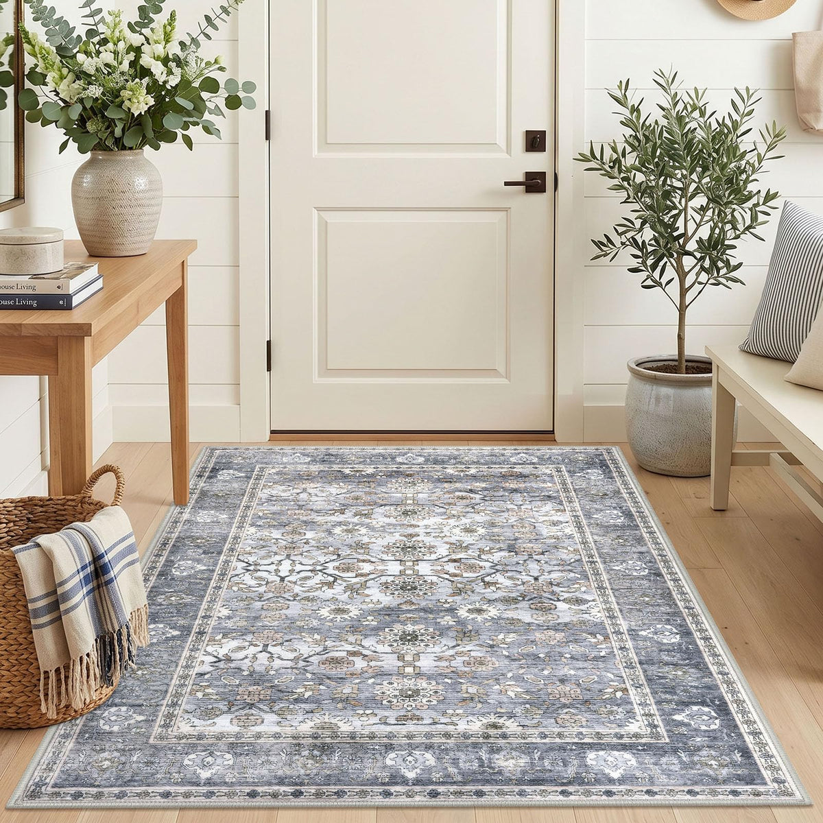 KUTA Vintage Floral Washable 2x3 Rugs for Entryway Blue Grey Beige