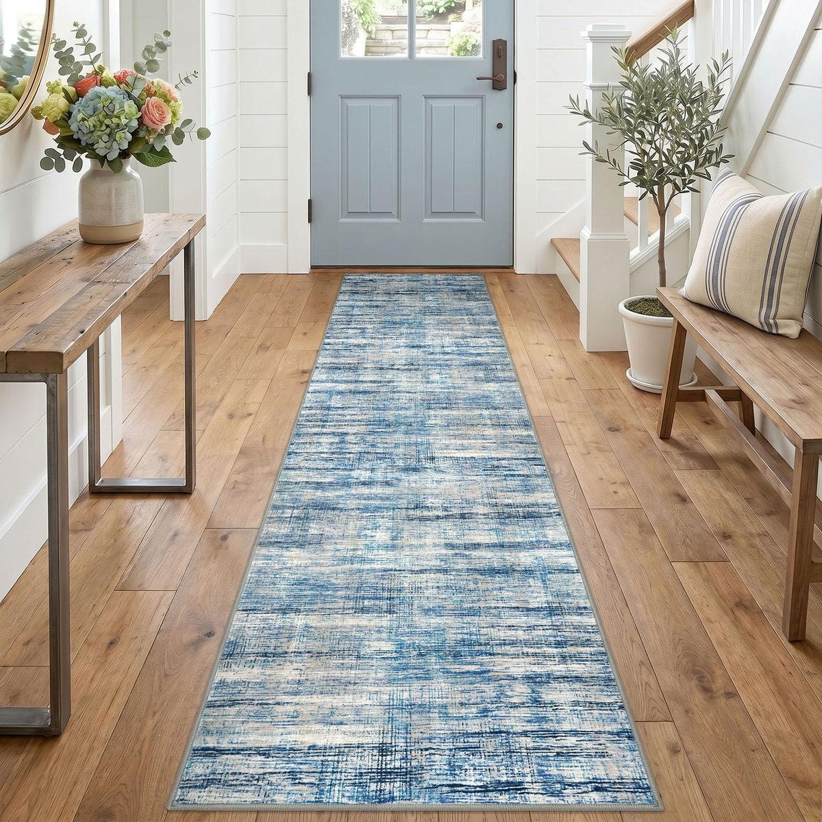 KOZYFLY Abstract Entryway Rug 2x3 Washable Door Mat Indoor Blue Beige