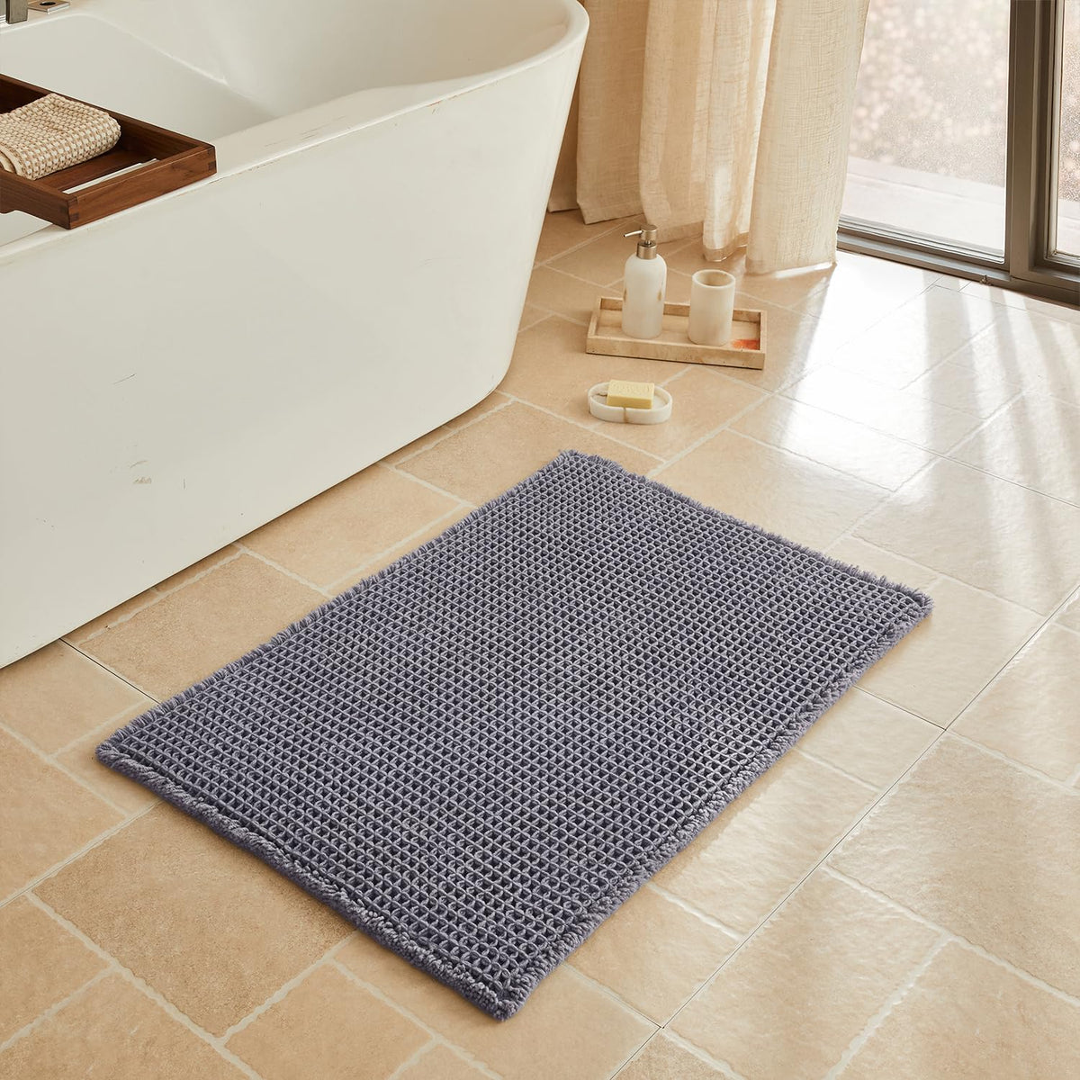 Triohero Waffle Bath Mat, Small Boho Bathroom Rugs Non Slip, 16x24 Khaki