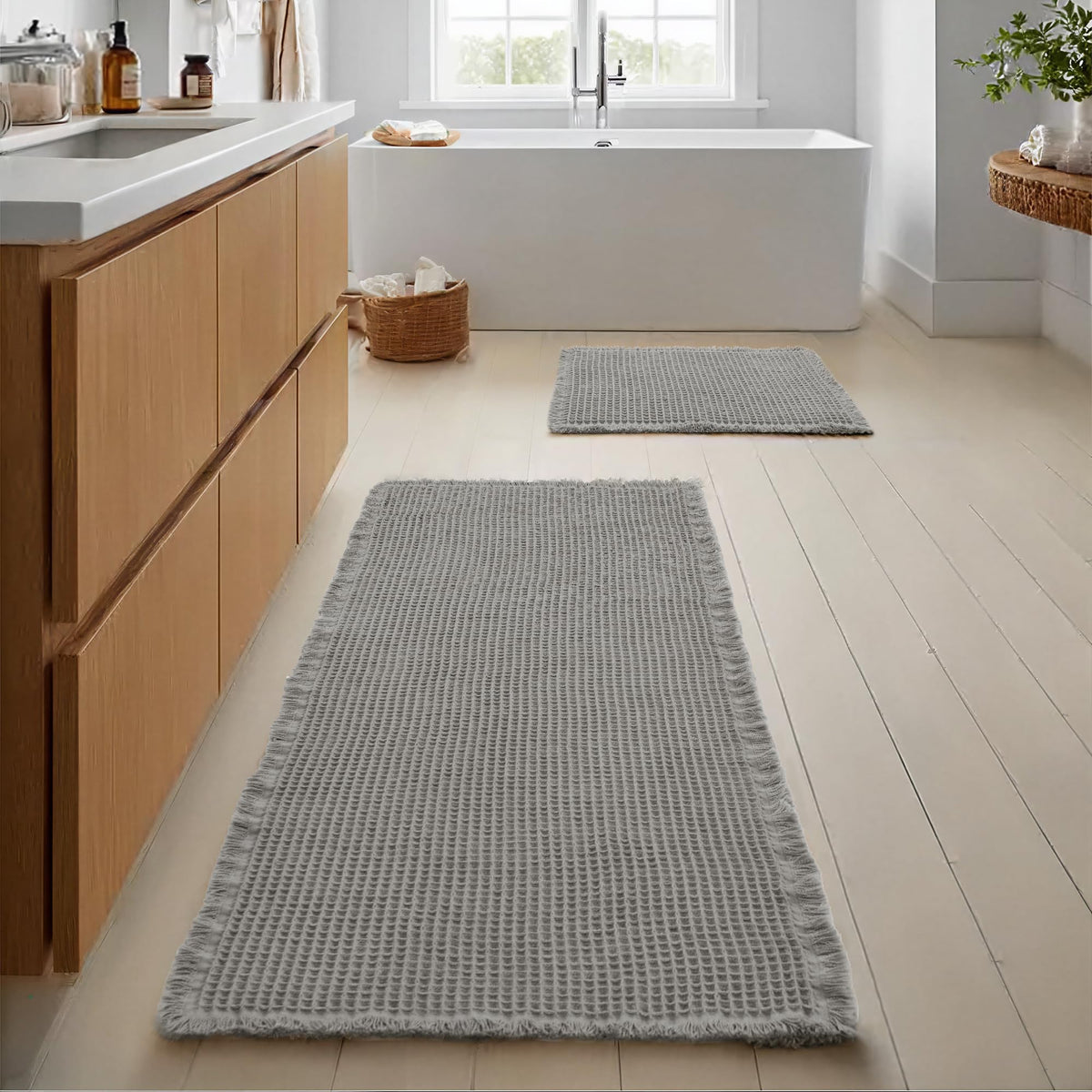 JIUZHEN Set of 2 Waffle Bath Mats Boho Bath Rugs 16"x24"+20"x32", Brown