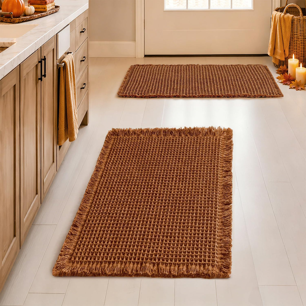 MIULEE Set of 2 Waffle Bathroom Rugs Boho Bath Mat Brown 18x30 Inch