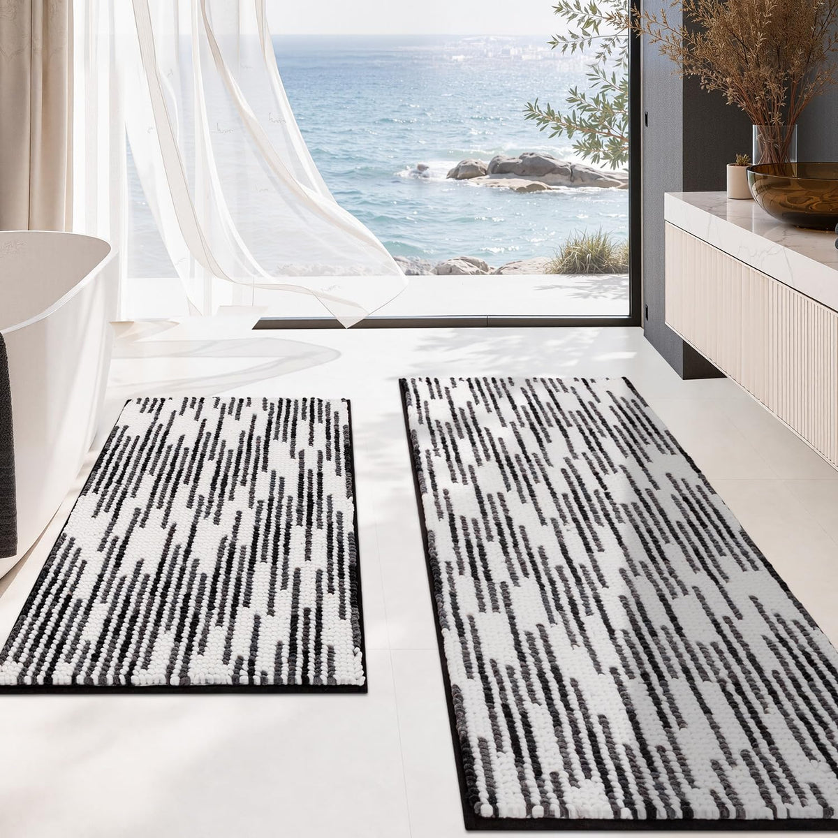 BSICPRO Bathroom Rugs Sets 2 Piece, Non Slip Striped Bath Mats, Sage