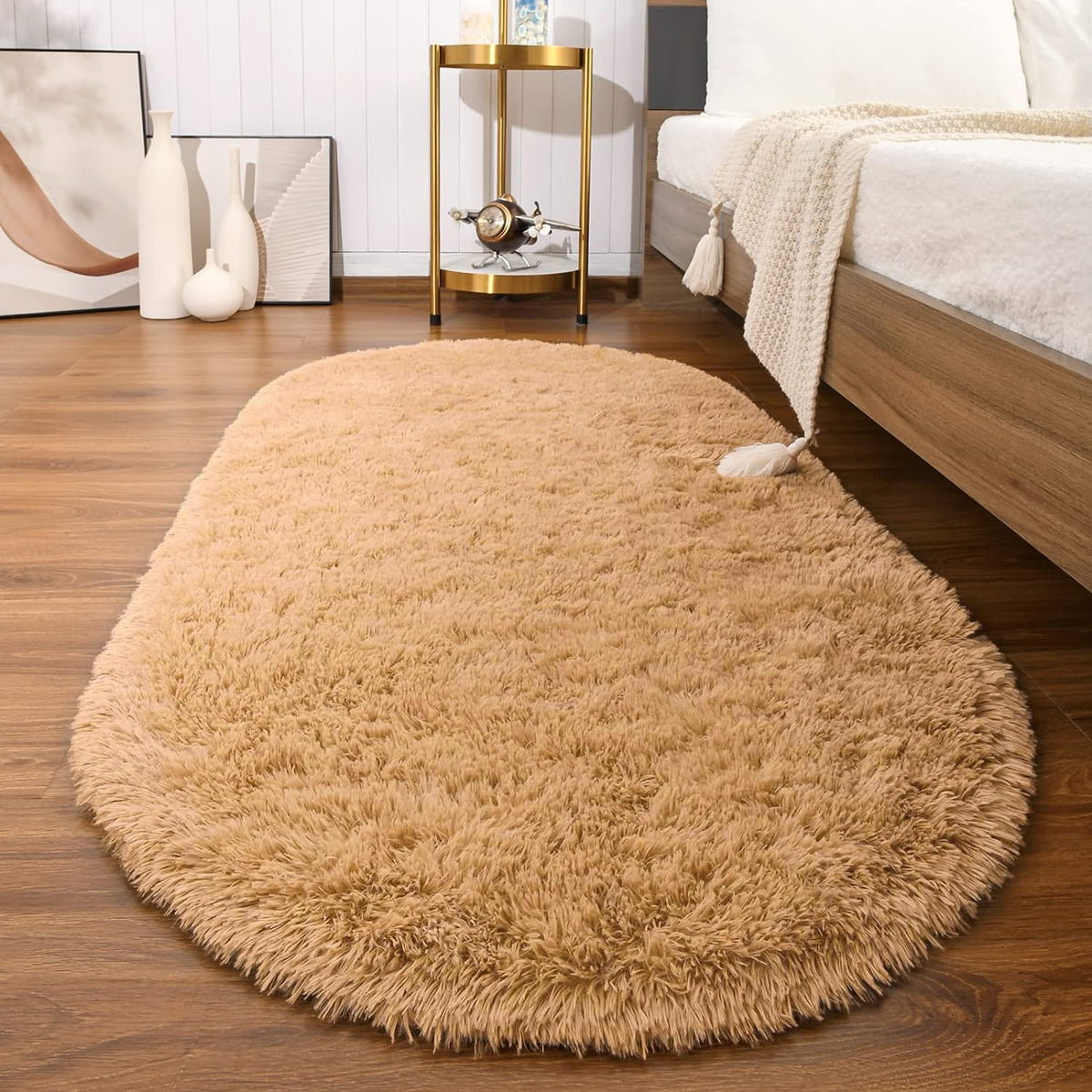 Softlife Fluffy Rugs for Bedroom, Shag Cute Area Rug for Girls/Boys and Kids Baby Room Home Decor, 2.6 x 5.3 Feet Oval Indoor Carpet for Nursery Dorm Living Room, Creamy