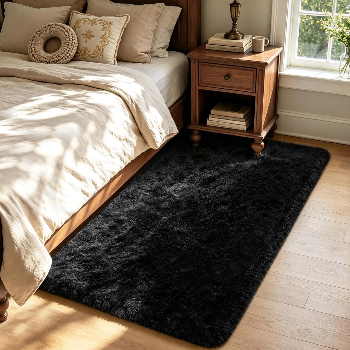 Beige 2x4 Area Rugs for Bedroom, Fluffy Shag Rug Small Rug Bedside Carpet