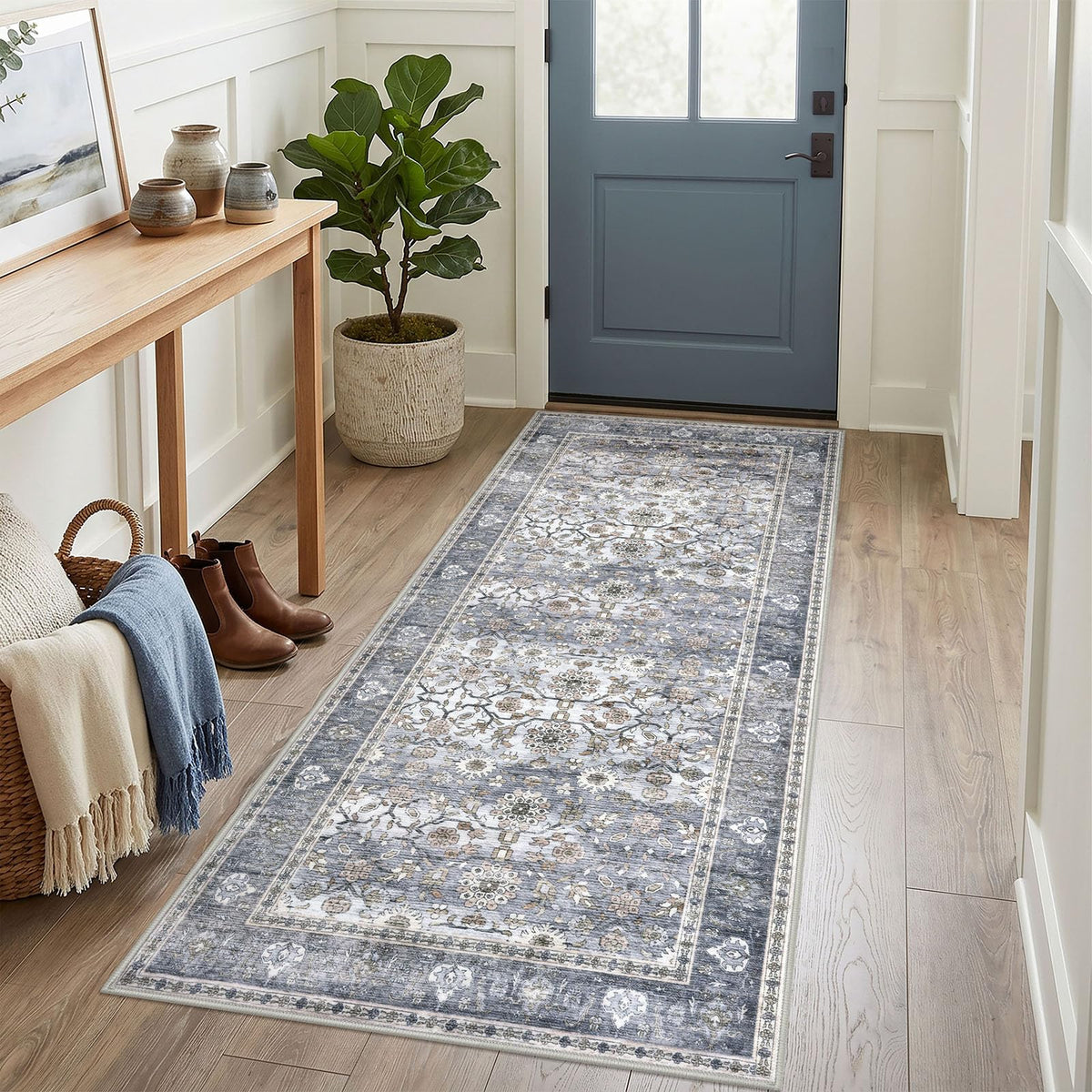 KUTA Vintage Floral Washable 2x3 Rugs for Entryway Blue Grey Beige