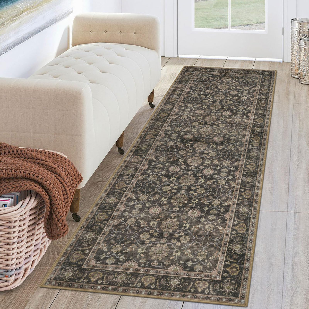 KUTA Vintage Floral Washable 2x3 Rugs for Entryway Blue Grey Beige