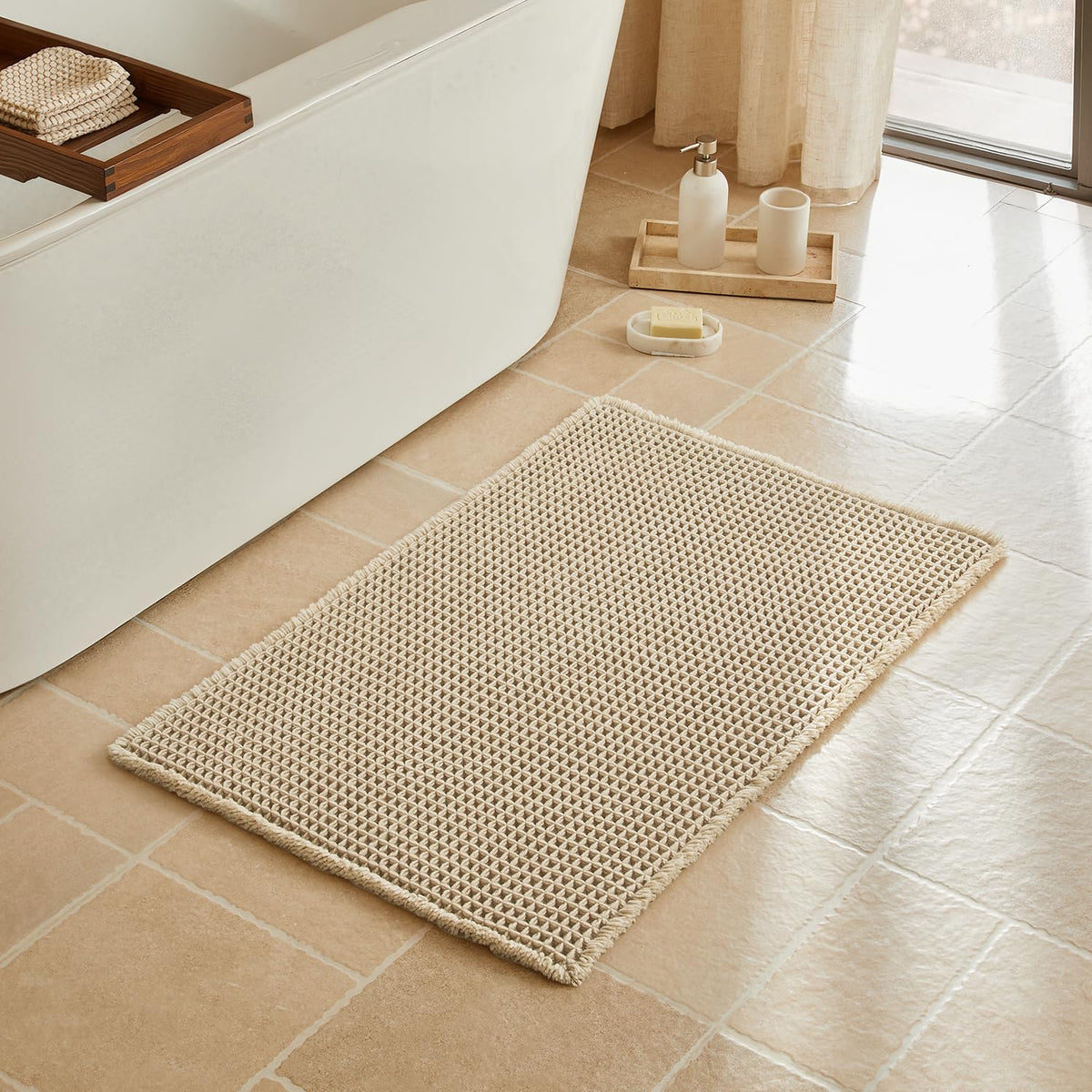 Triohero Waffle Bath Mat, Small Boho Bathroom Rugs Non Slip, 16x24 Khaki