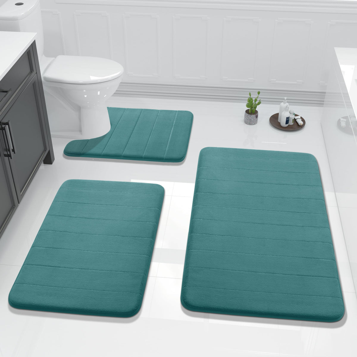 Yimobra Memory Foam Bath Mat Set 3 Pieces- Super Soft Absorbent Quick Dry Bathroom Rug Sets, Machine Washable Non Slip Floor Carpet for Tub Shower, Vanity & Toilet Base, Gray