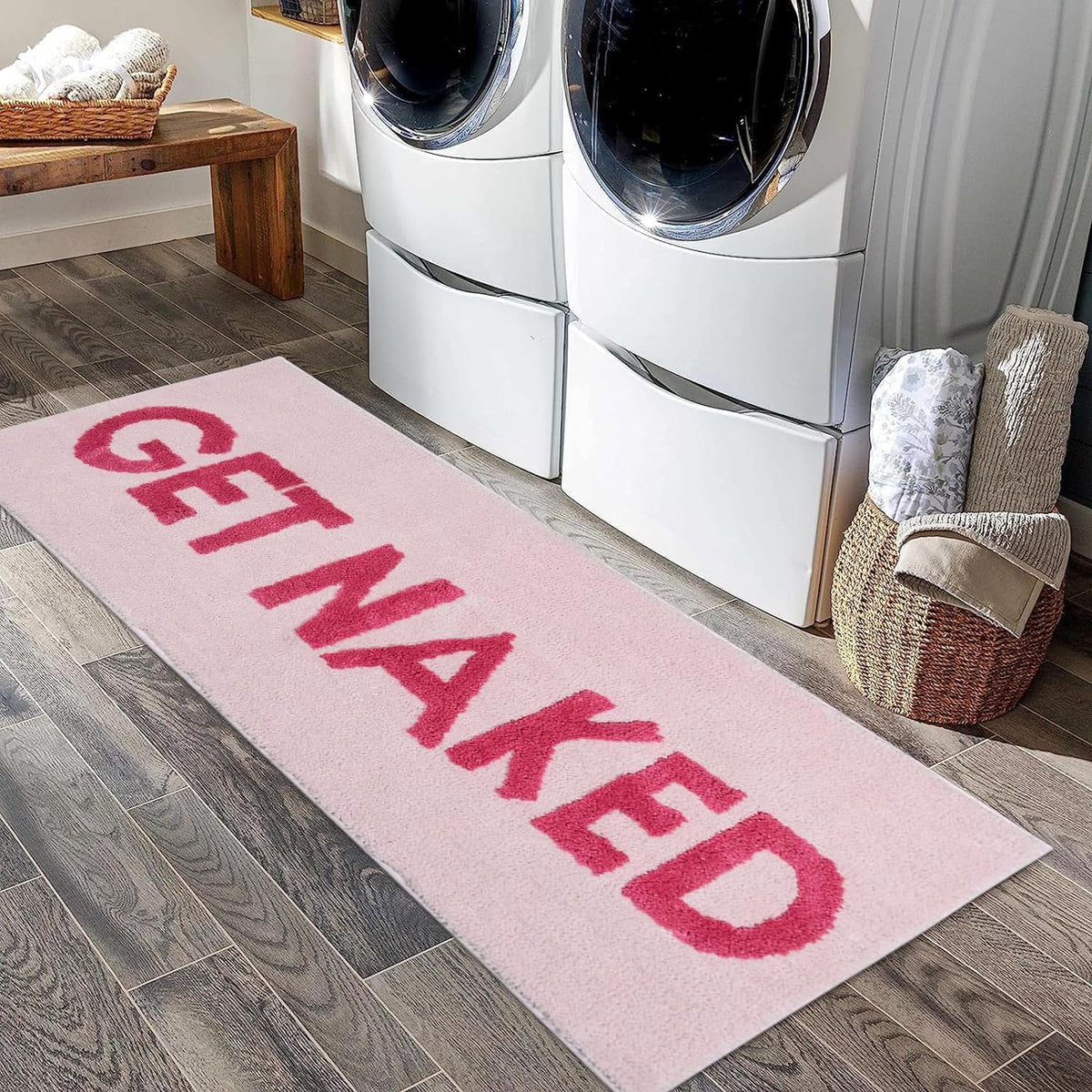 Black Get Naked Bath Mat, Long Runner Mat for Bathroom, Cute Fun Simple Bath Rug, Water Absorbent Non-Slip Microfiber Mat, 18"x47"