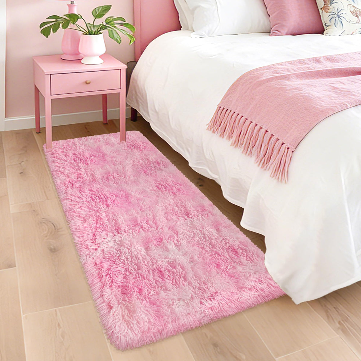 Soft Fluffy Beige Runner Rug for Bedroom, Bedside Long Rug Runner