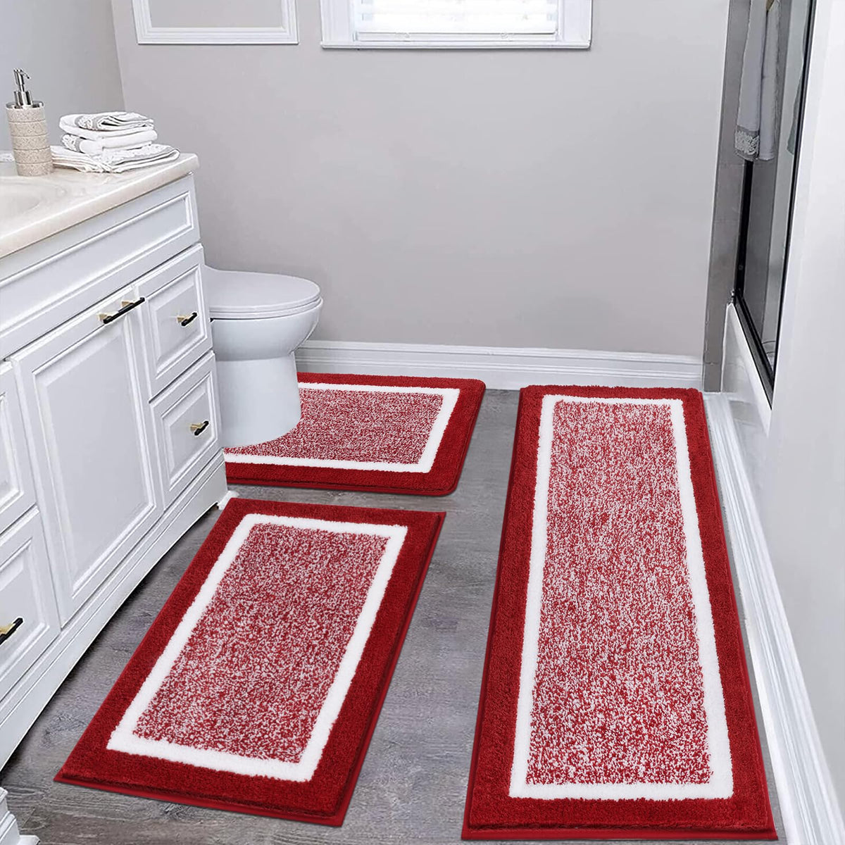 Pauwer Bathroom Rugs 3 Piece Set, Non Slip Washable Bath Mat, Dark Grey