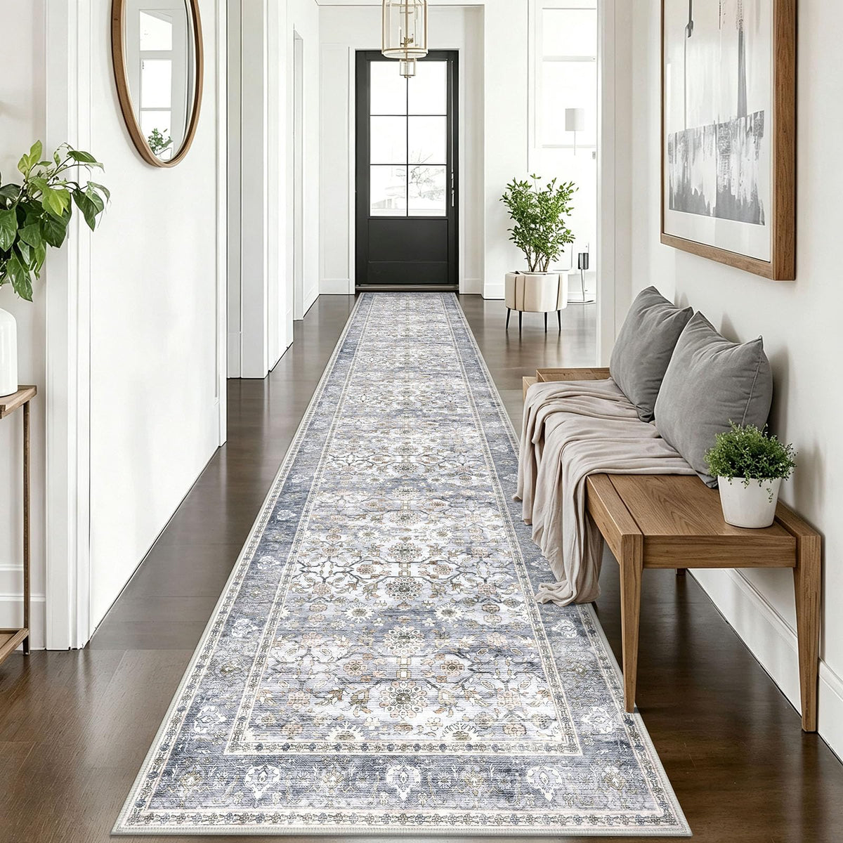 KUTA Vintage Floral Washable 2x3 Rugs for Entryway Blue Grey Beige