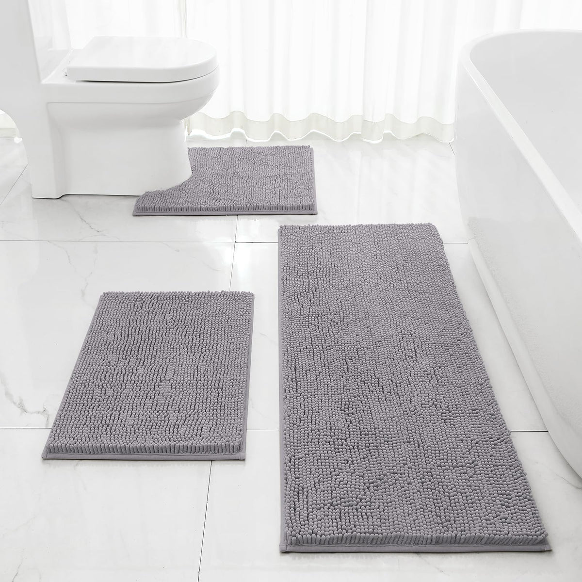 HOMEIDEAS Grey Chenille Bathroom Rugs Set of 3, Non Slip Bath Mat