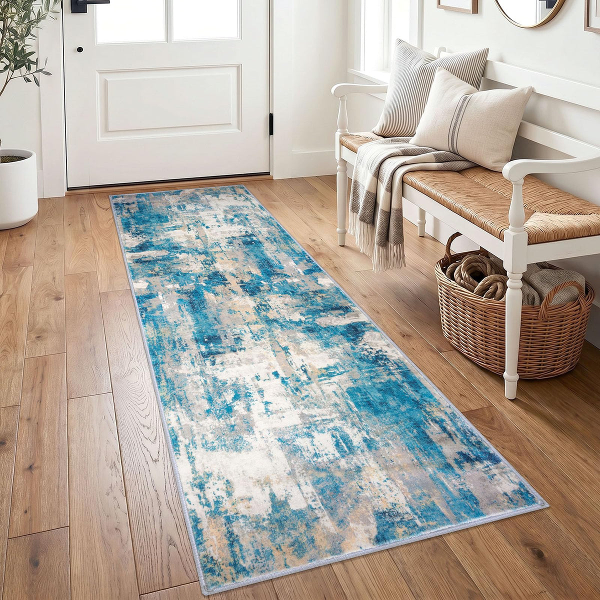 KOZYFLY Abstract Entryway Rug 2x3 Washable Door Mat Indoor Blue Beige