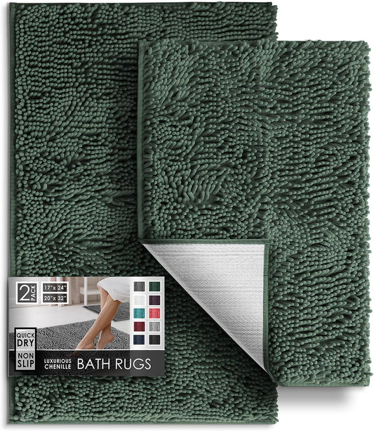 Hearth & Harbor Bathroom Rugs, Chenille Bath Mat - Machine Washable Bath Mats for Bathroom Non-Slip Backing Rubber, Quick Dry Bathroom Mat, 17 x 24 + 20 x 32 - Hunter Green