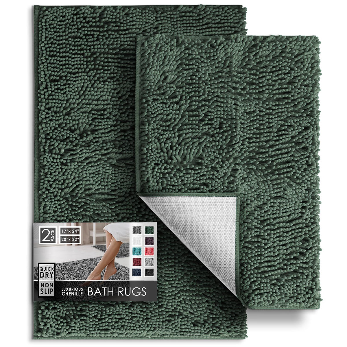 Hearth & Harbor Bathroom Rugs, Chenille Bath Mat - Machine Washable Bath Mats for Bathroom Non-Slip Backing Rubber, Quick Dry Bathroom Mat, 17 x 24 + 20 x 32 - Hunter Green