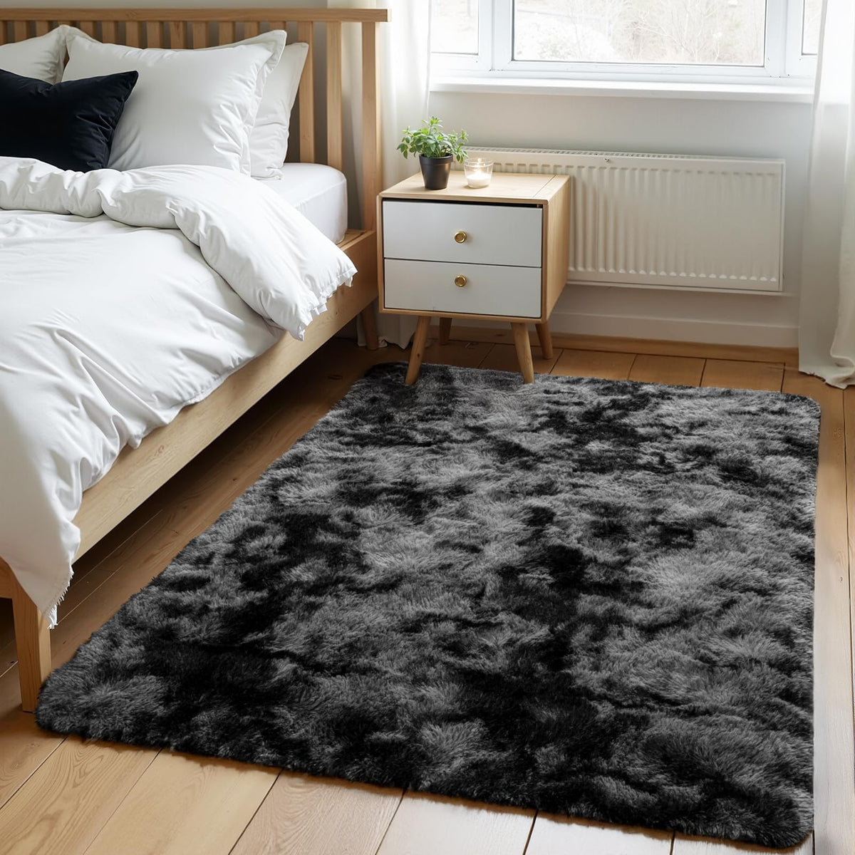 Zentavio 2x6 Runner Rugs for Hallway Shag Soft Bedroom Bedside Rugs Non Slip Fluffy Carpet for Kids Girls Boys Home Decor Aesthetic Dorm Nursery Tie-Dyed Black Grey
