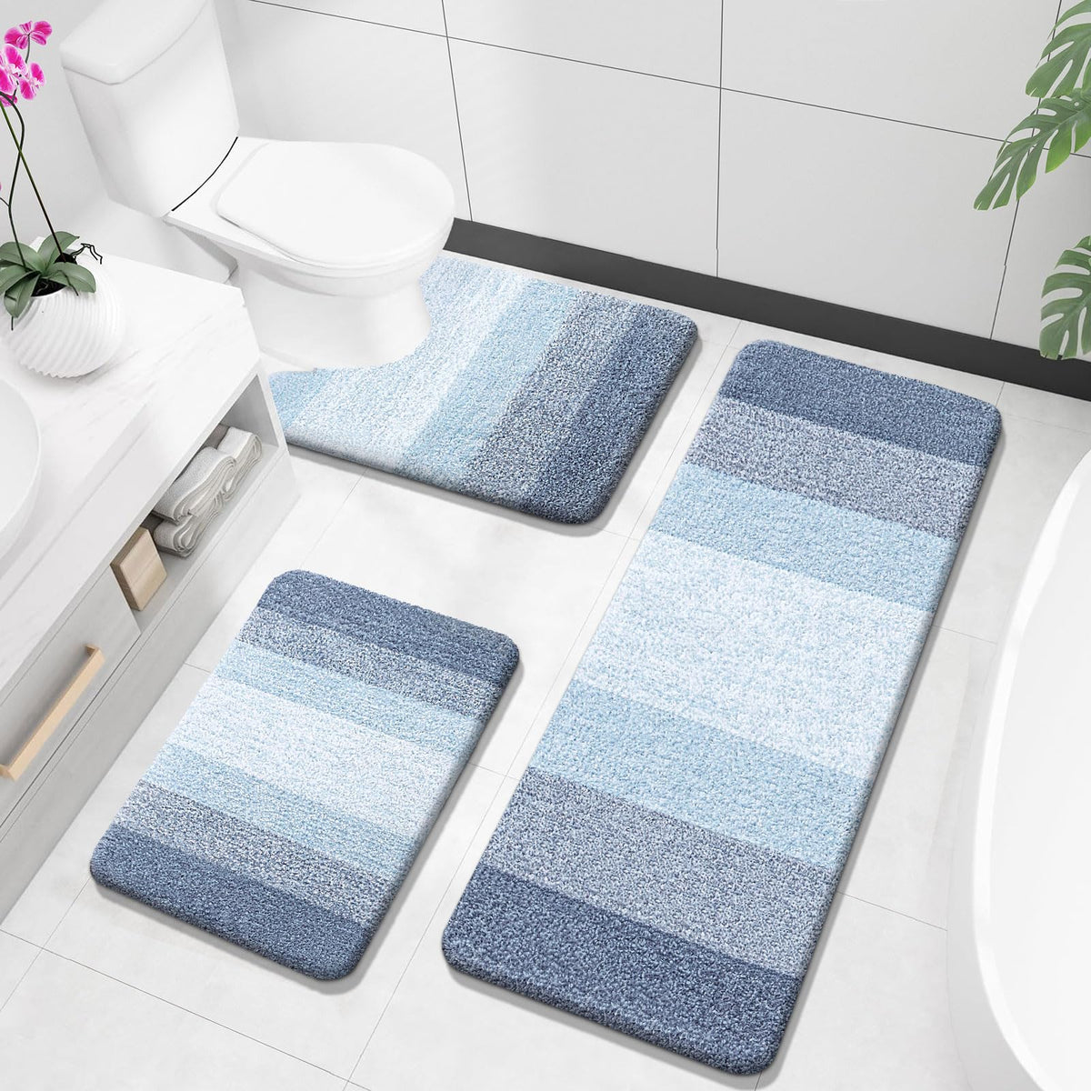 OLANLY Microfiber Bathroom Rugs Sets 3 Piece, Absorbent Bath Mats, Grey