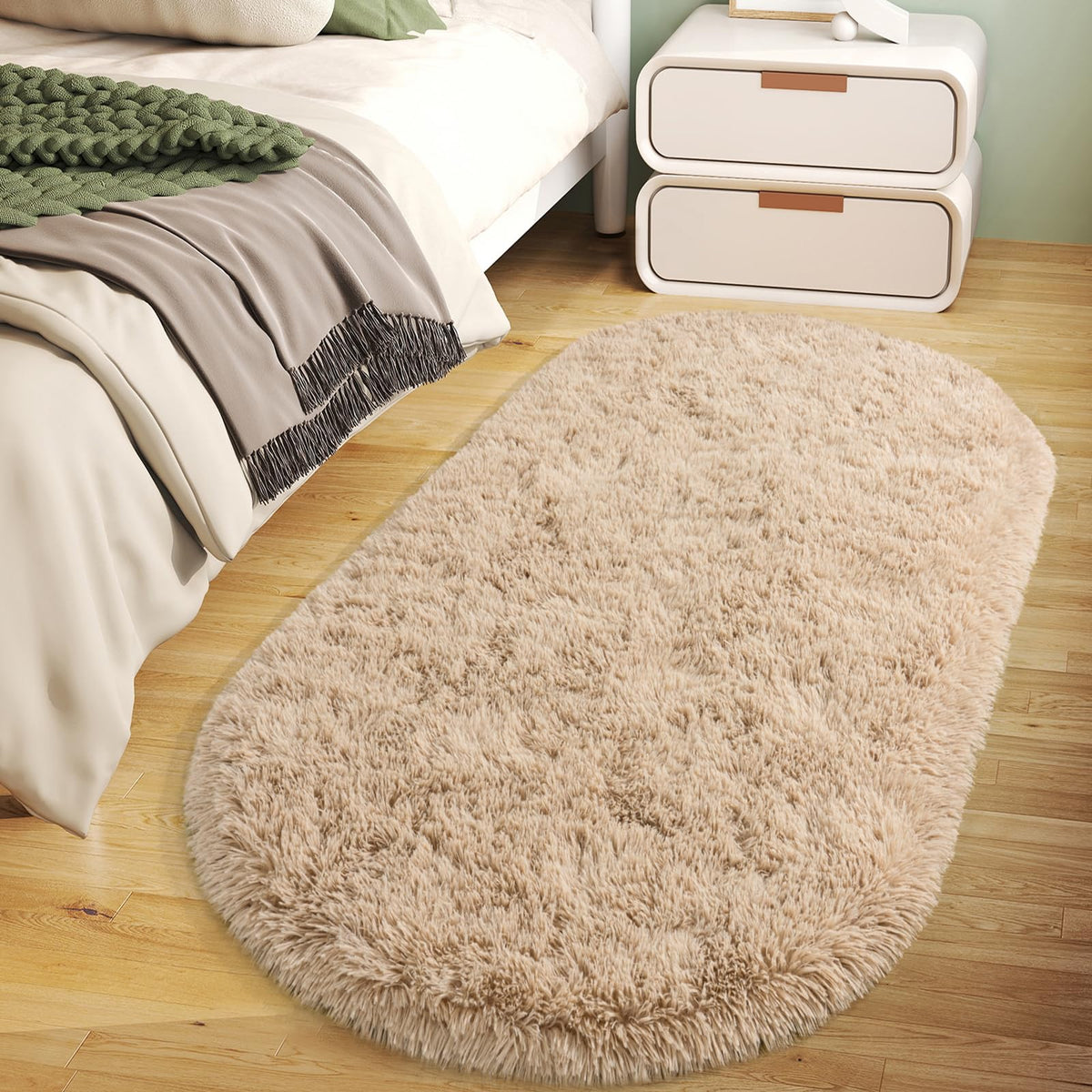 Soft Oval Beige Fluffy Rugs for Bedroom Washable Non-Slip, Set of 2