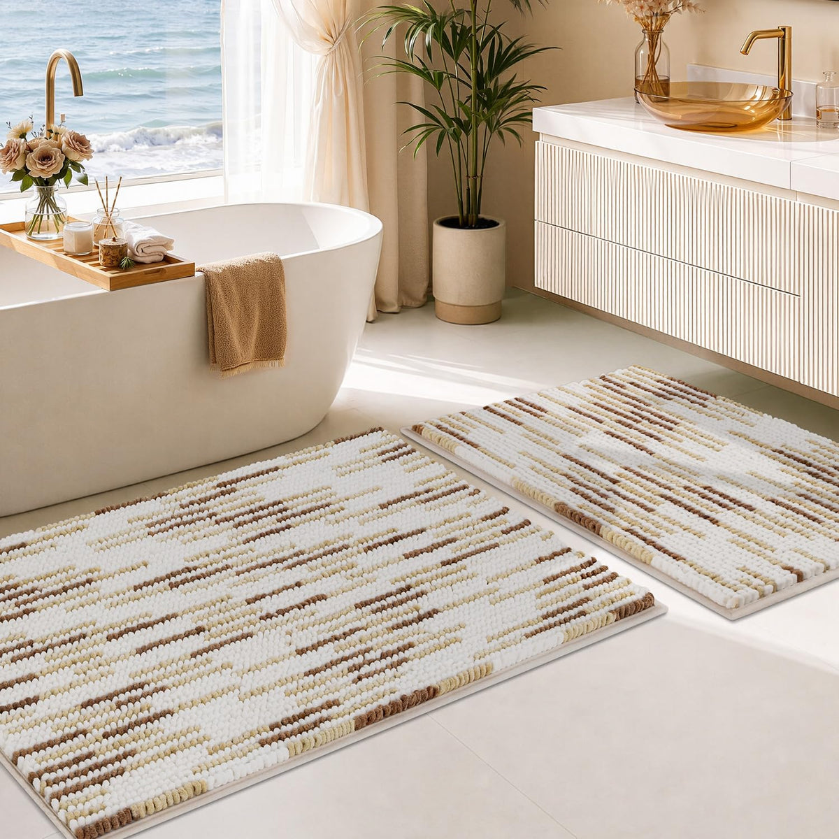 BSICPRO Bathroom Rugs Sets 2 Piece, Non Slip Striped Bath Mats, Sage