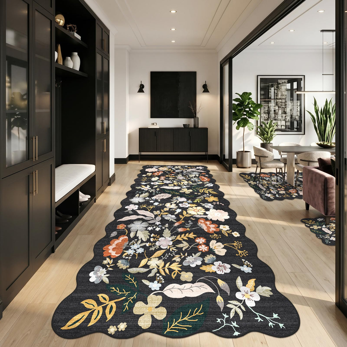 2x4 Rug Washable for Entryway - Non-Slip Scalloped Floral Throw Rug Black