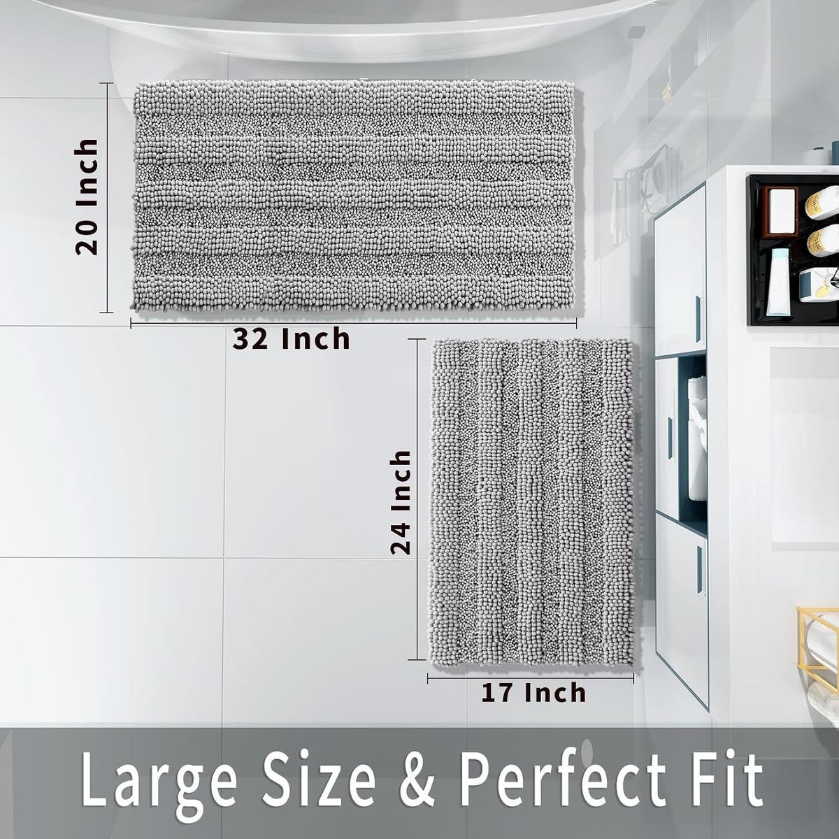Yimobra Bathroom Rug Set 2 Piece, Absorbent Bath Mat Set, 32x20+24x17, Gray