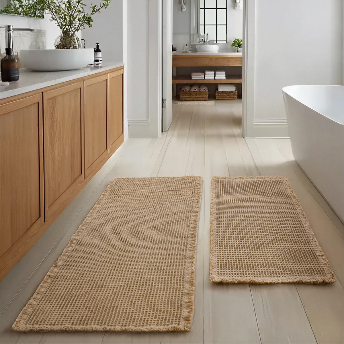 JIUZHEN Set of 2 Waffle Bath Mats Boho Bath Rugs 16"x24"+20"x32", Brown