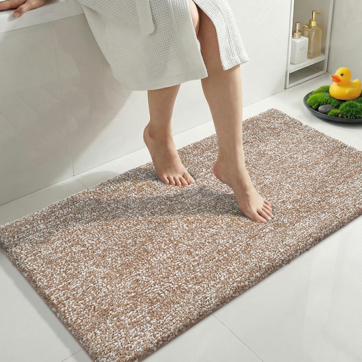 Yimobra Non Slip Machine Washable Bathroom Rug 24x17 Light Beige and White