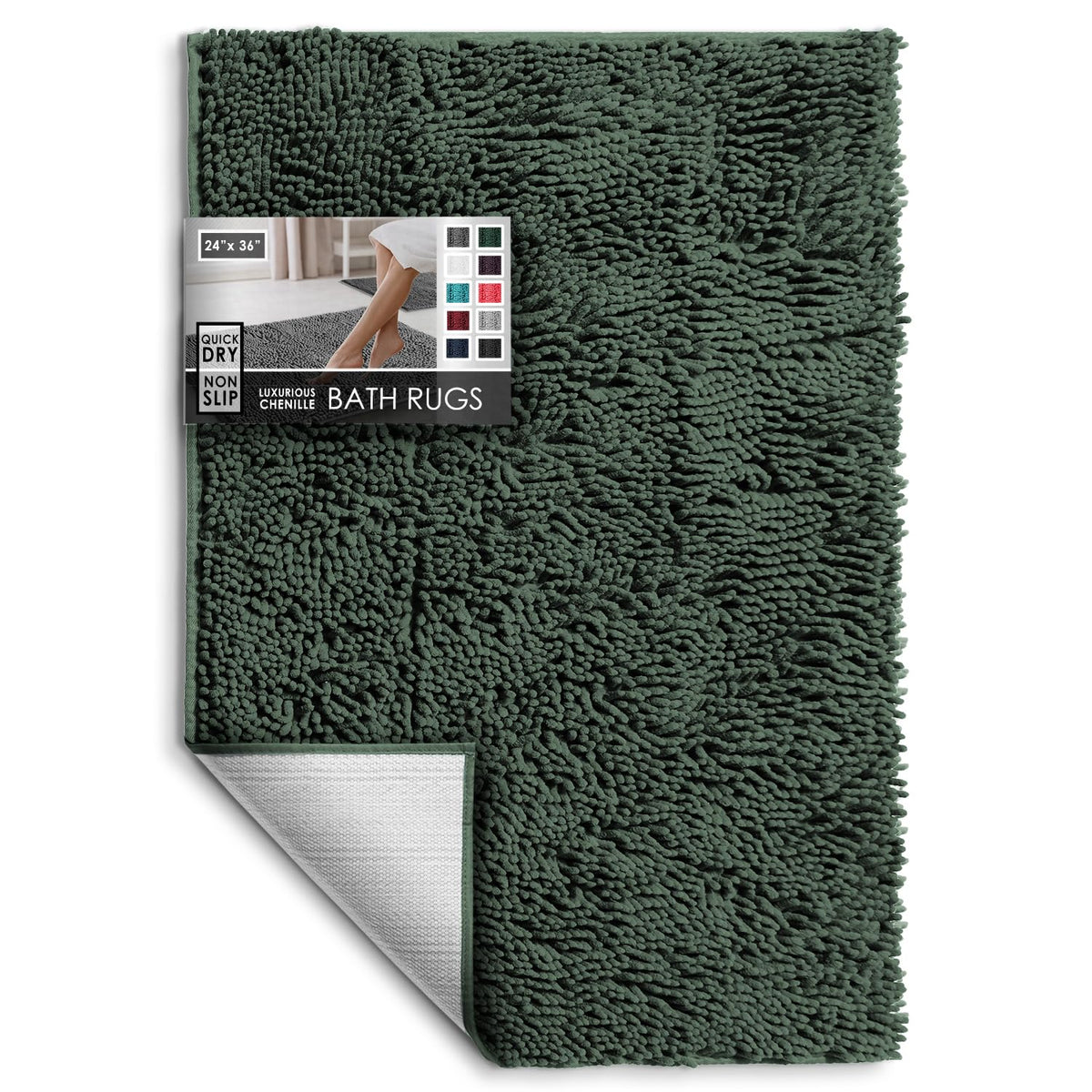 Hearth & Harbor Bathroom Rugs, Chenille Bath Mat - Machine Washable Bath Mats for Bathroom Non-Slip Backing Rubber, Quick Dry Bathroom Mat, 17 x 24 + 20 x 32 - Hunter Green