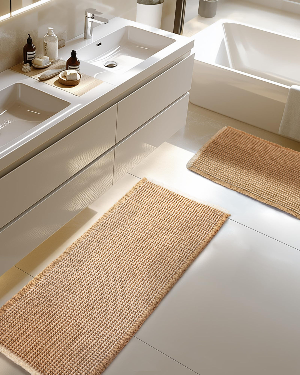 Furicher Large Waffle Bath Mat Set, Non Slip Bath Rug Set, Ultra Absorbent Bath Mats for Bathroom Decor, Extra Soft Floor Kitchen Rugs Sets 2 Piece, Washable Bath Runner Rug, Brown, 20"×47" & 16"×24"