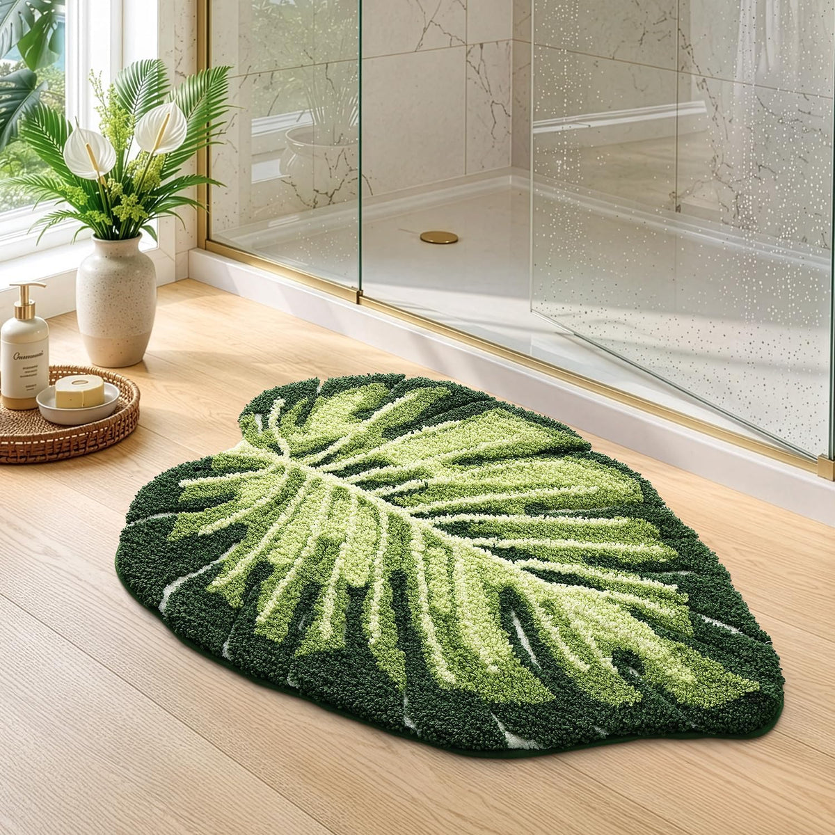 LUMI Bathroom Rug Green Leaf, Absorbent Non Slip Bath Mat, 23.5"x31.5"